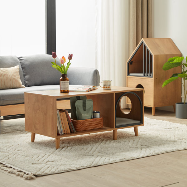 Coffee table with outlet cat bed underneath